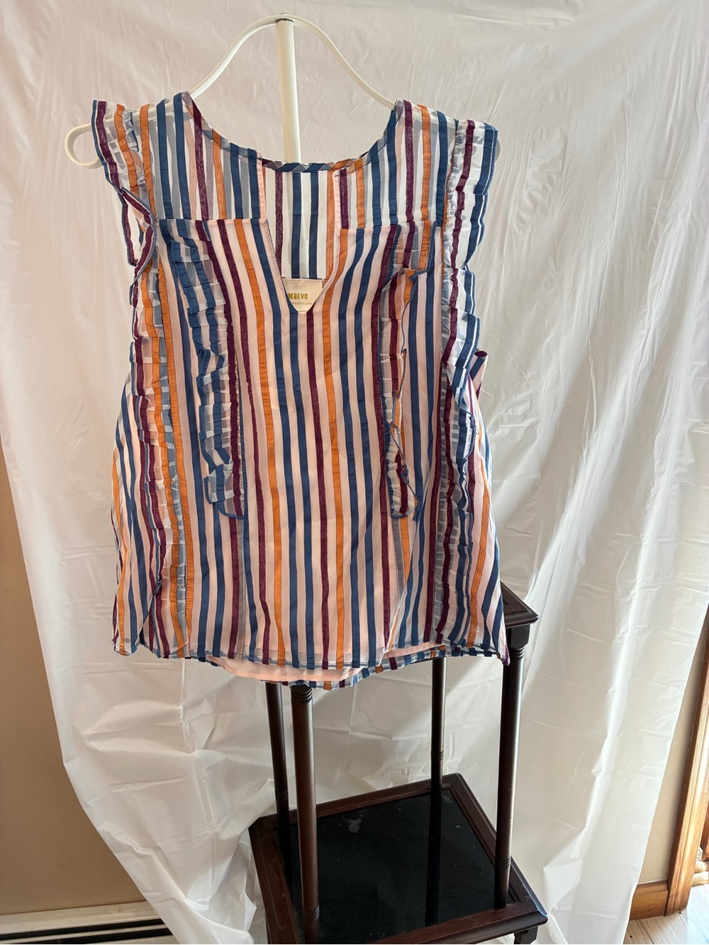 Maeve Striped Ruffle-Sleeve Sleeveless Blouse in Blue, Orange & Pink